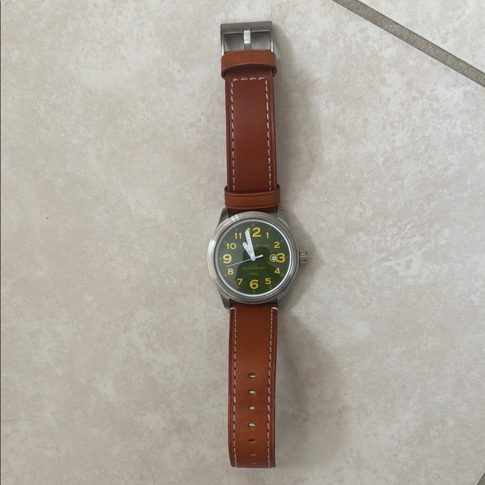 Brown Leather Strap Watch with Yellow Numbers